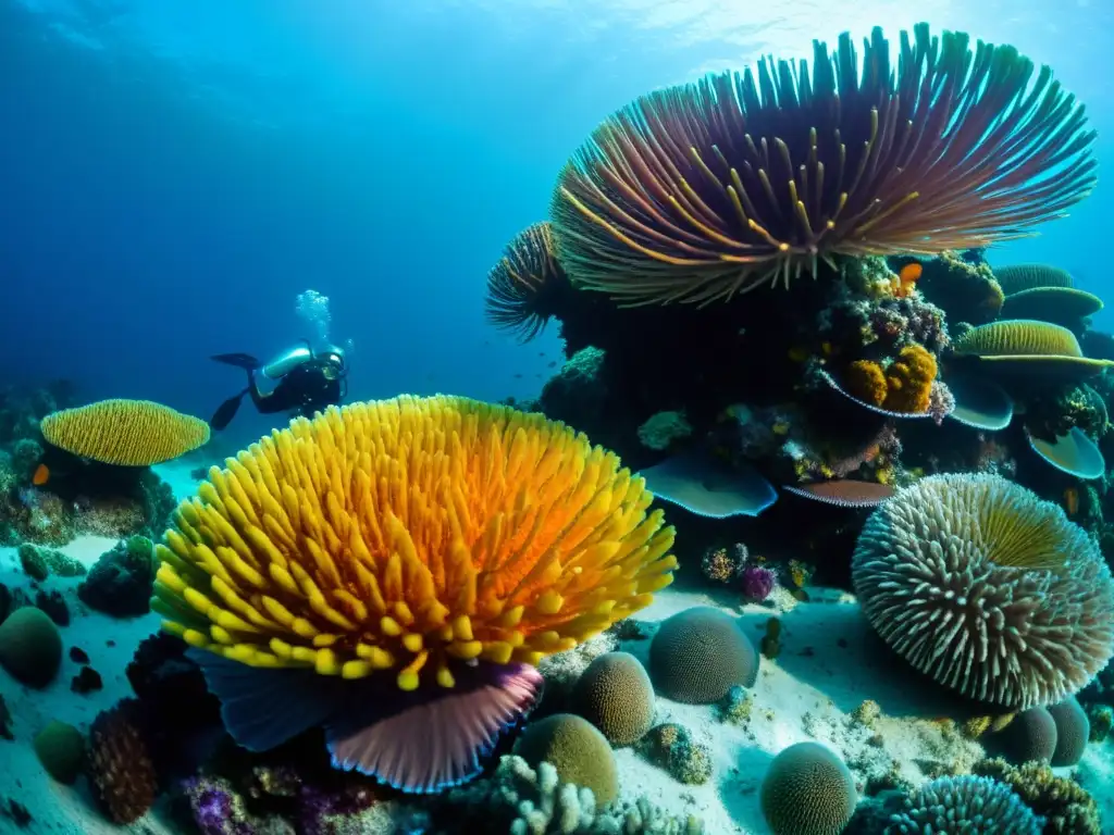 Colorida barrera de coral afectada por erizos de mar invasores, ilustrando el impacto ambiental de estas especies intrusas