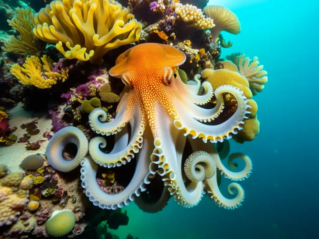 Una colorida diversidad de cefalópodos marinos se camufla en un vibrante arrecife de coral, creando una escena marina cautivadora