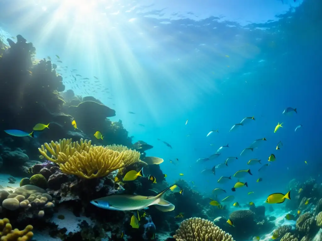 Una colorida escena submarina muestra la importancia de sensores subacuáticos al capturar la biodiversidad marina en un arrecife de coral vibrante