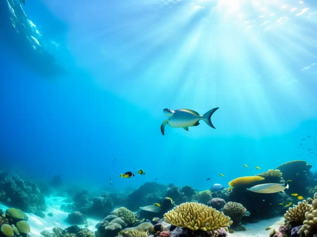 Una colorida escena submarina llena de vida salvaje, con un arrecife de coral vibrante, peces y plantas marinas