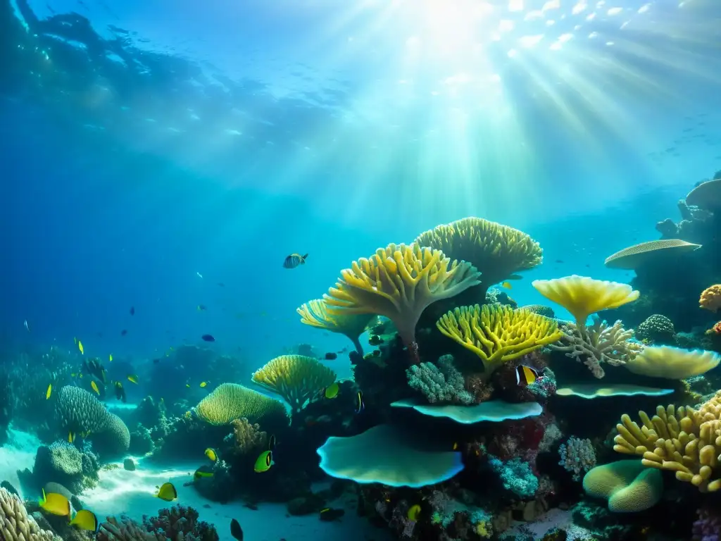 Una colorida joyería sostenible temática marina: arrecife de coral vivo, peces y plantas bajo el agua cristalina