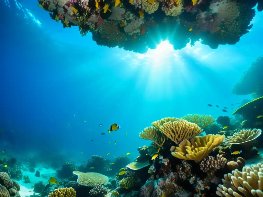 Una colorida y vibrante escena submarina con corales, peces tropicales y una cálida luz filtrada