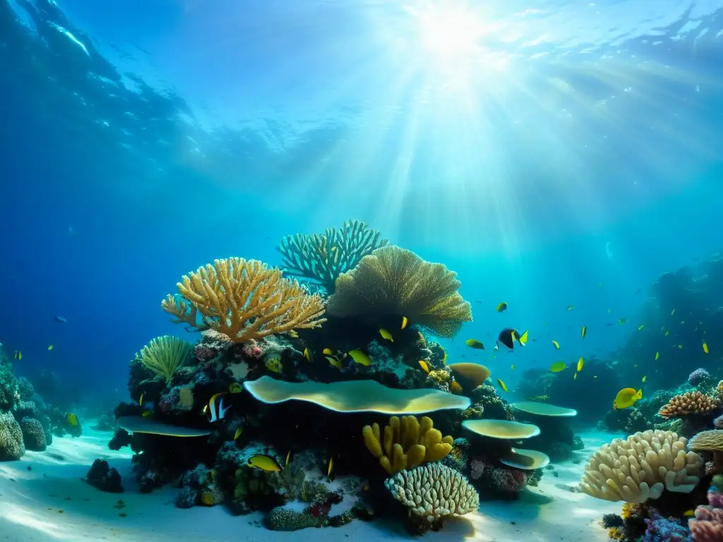 Una colorida y vibrante imagen de un arrecife de coral rebosante de vida marina, que muestra una variedad de especies de coral y peces tropicales