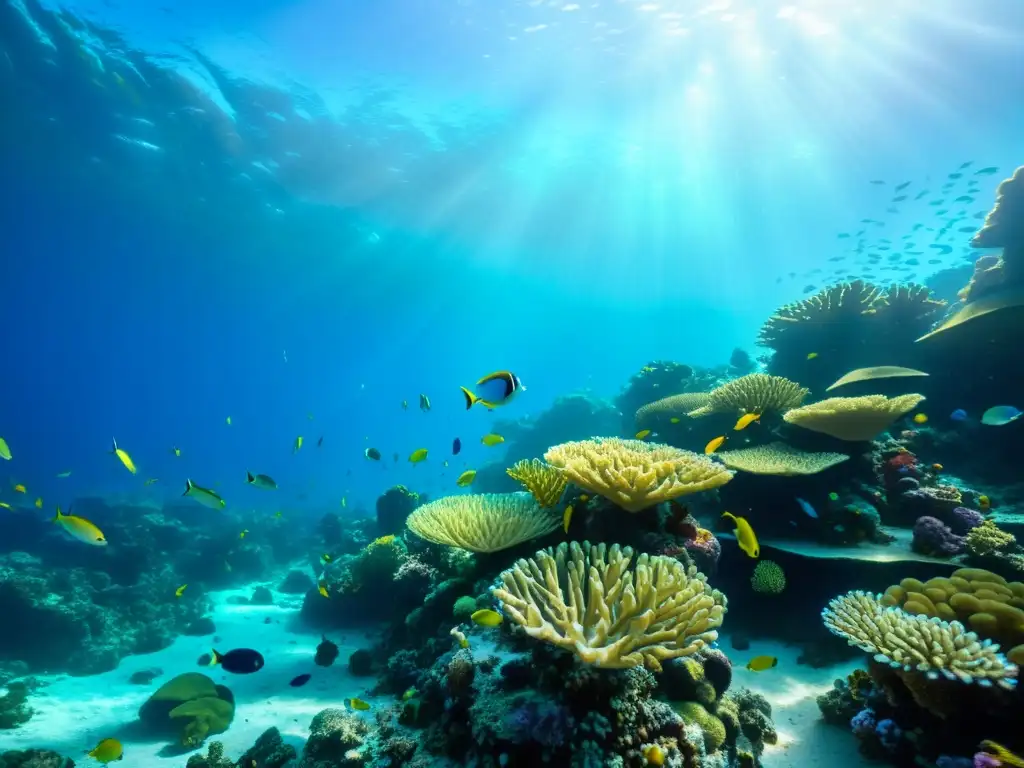 Una colorida y vibrante fotografía submarina que muestra un arrecife de coral lleno de vida y biodiversidad