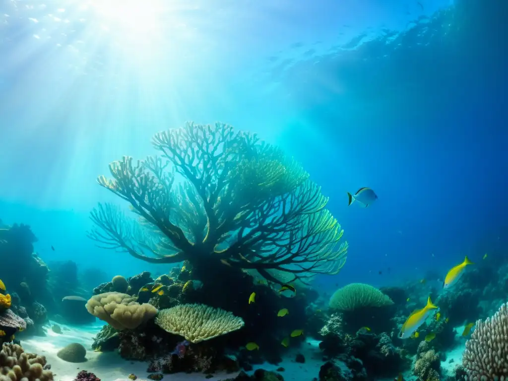 Una colorida y vibrante fotografía submarina que muestra un bullicioso arrecife de coral repleto de peces de todos los tamaños y colores