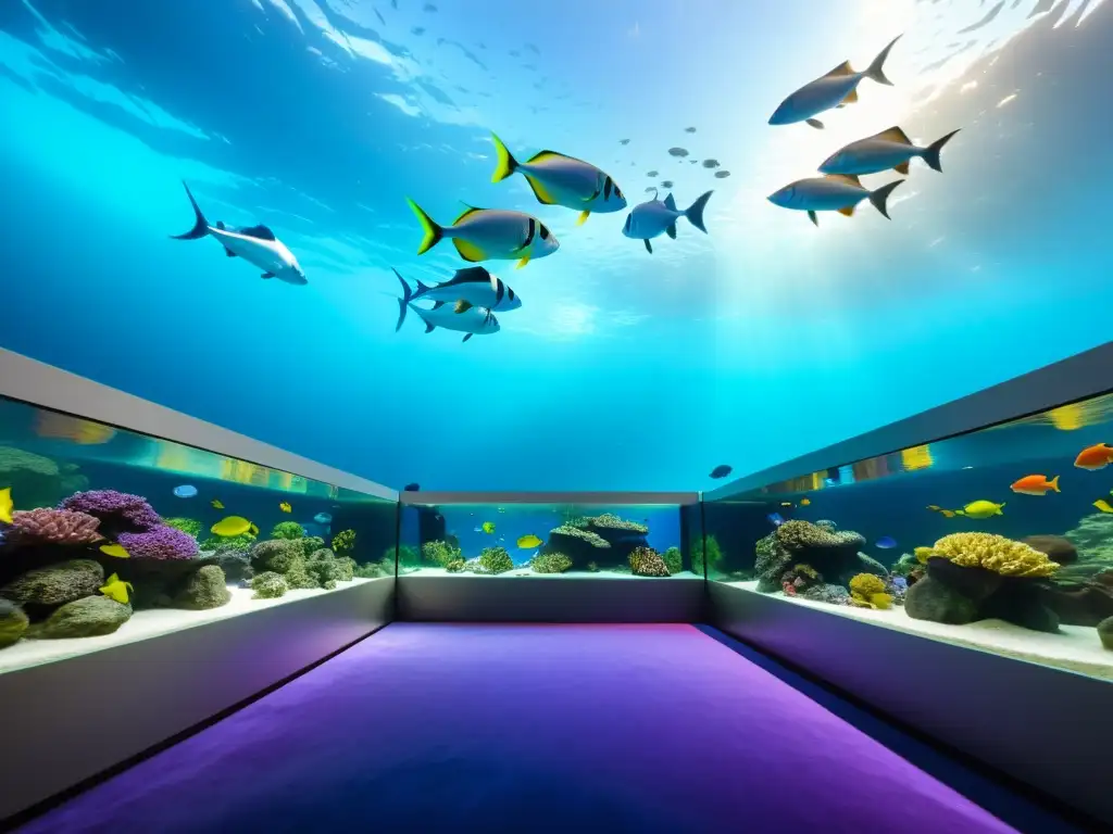 Acuario innovador: exhibición vibrante de peces y corales Coloridas ferias acuarios innovadores sostenibles, con peces nadando en arrecifes de coral vibrantes y modernos diseños de exhibición