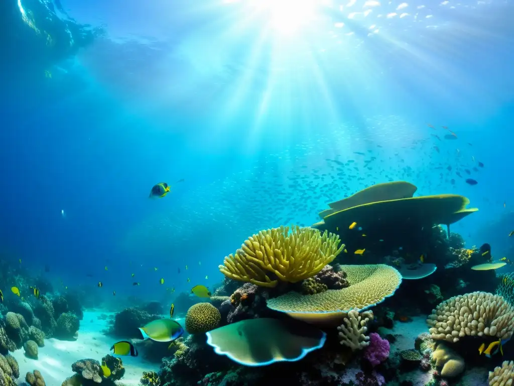 Replicando expedición Calypso vida marina: Colorido arrecife de coral bajo el agua, con peces tropicales y anémonas