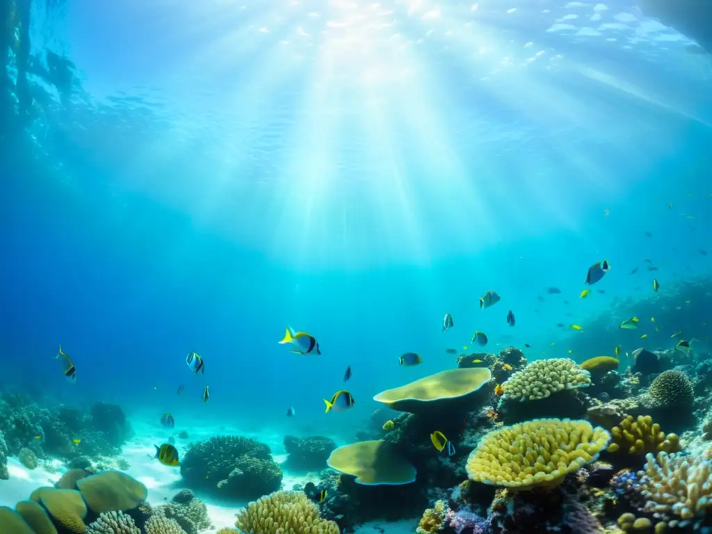 Un colorido arrecife de coral lleno de vida marina, preparándose para temporada de huracanes marinos