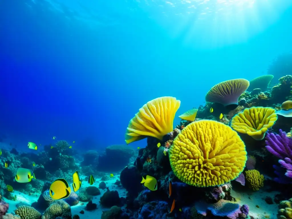 Colorido arrecife de coral con esponjas marinas en amarillo, naranja y morado, rodeado de peces