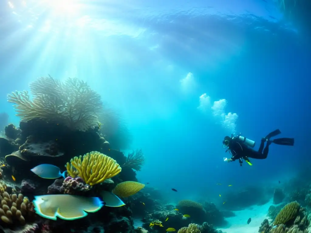 Explorando el colorido arrecife de coral, rodeado de peces y la luz del sol filtrándose