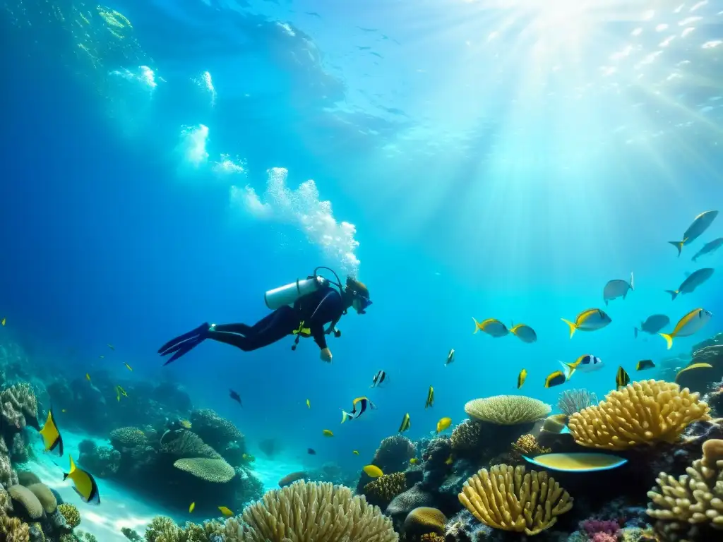 Inversión en biodiversidad marina: coloridos peces entre corales, plantas marinas y rayos de sol en el agua