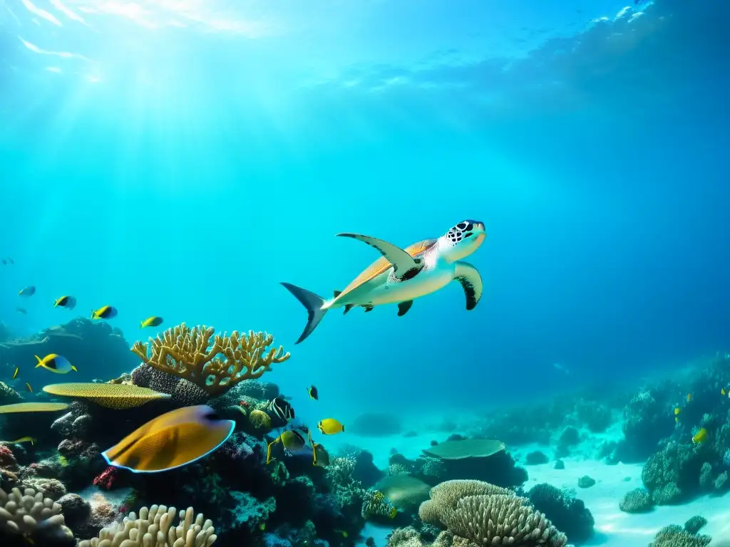 Una combinación de lujo en platos de mariscos: un vibrante arrecife de coral lleno de vida marina exótica y colorida, con peces tropicales, tortugas marinas y mantarrayas nadando en aguas turquesa cristalinas, iluminadas por el cálido sol