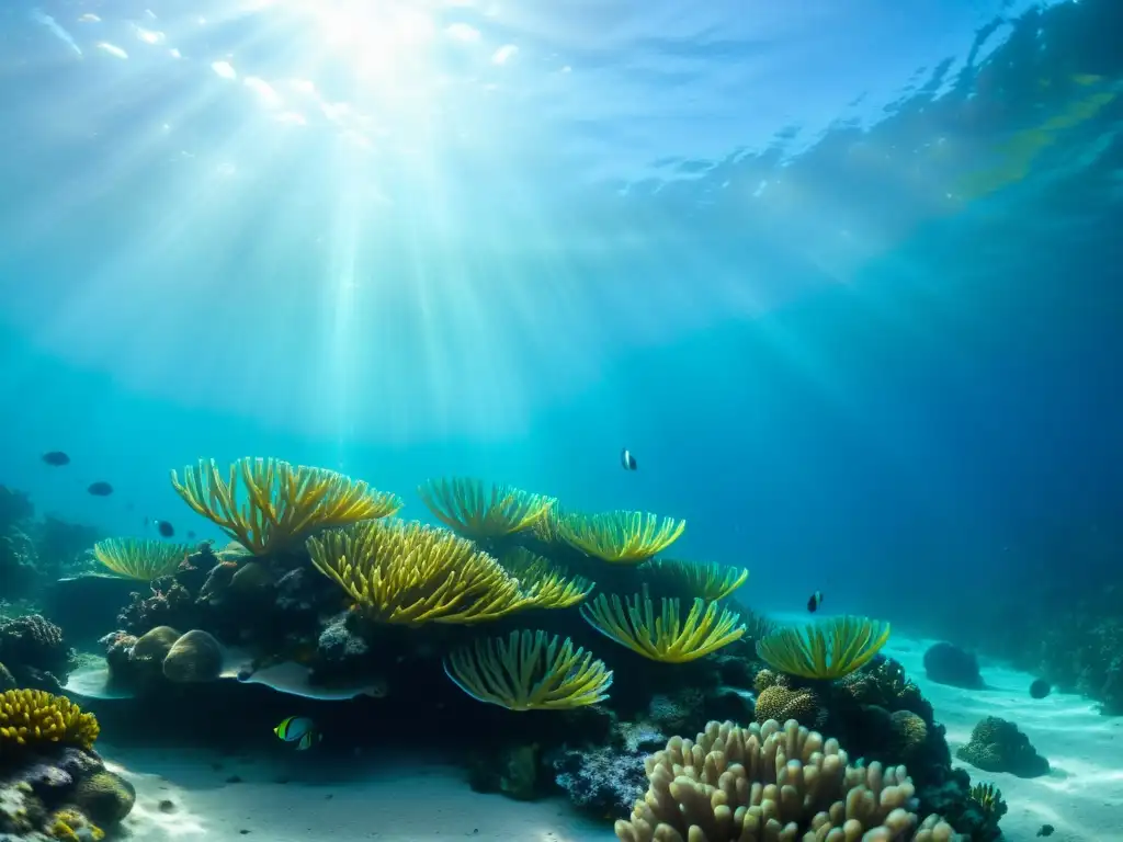 Una combinación de lujo en platos de mariscos: un paisaje submarino con luz solar filtrándose y creando un juego de luces y sombras en arrecifes de coral vibrantes y coloridos, peces exóticos nadando entre plantas marinas