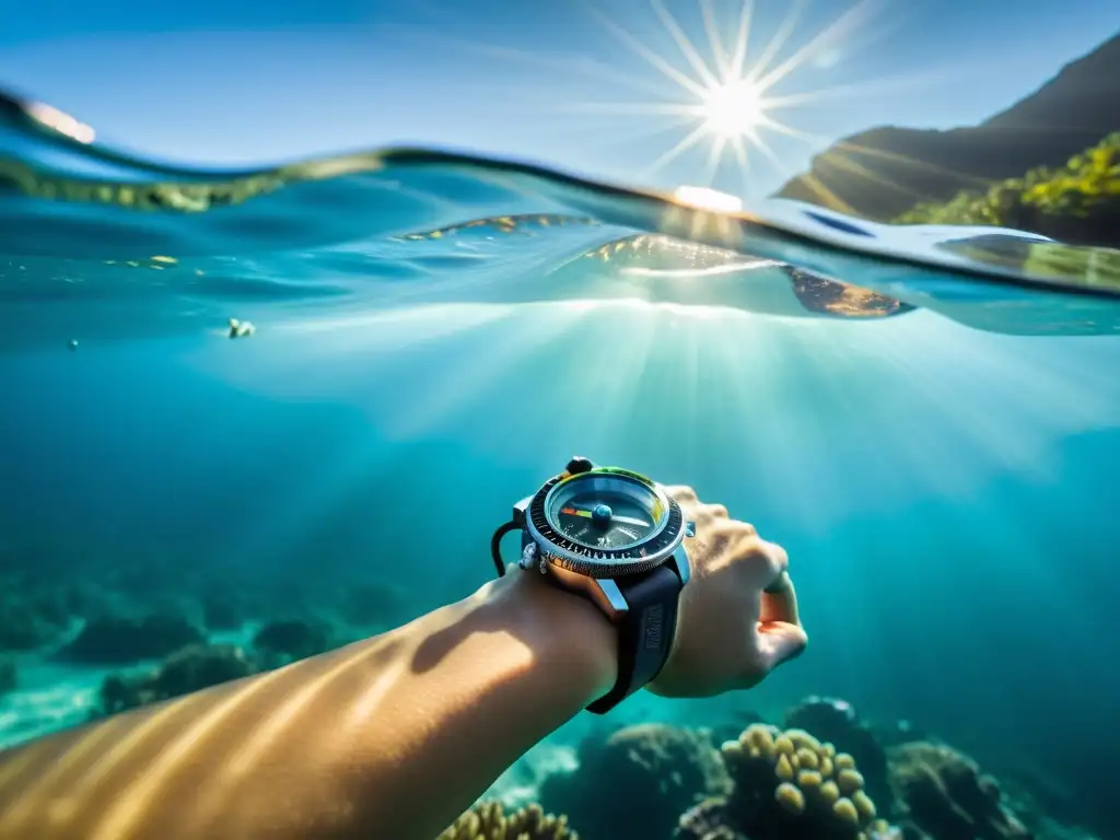 Un compás de buceo de alta calidad en la muñeca de un buzo, con detalles iluminados por los rayos del sol en aguas cristalinas