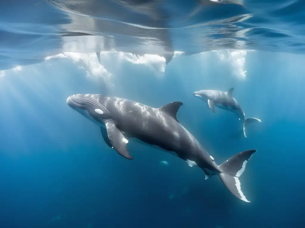 Competencia territorial entre cetáceos: Imagen detallada de una intensa lucha entre majestuosas ballenas y poderosas orcas en el océano