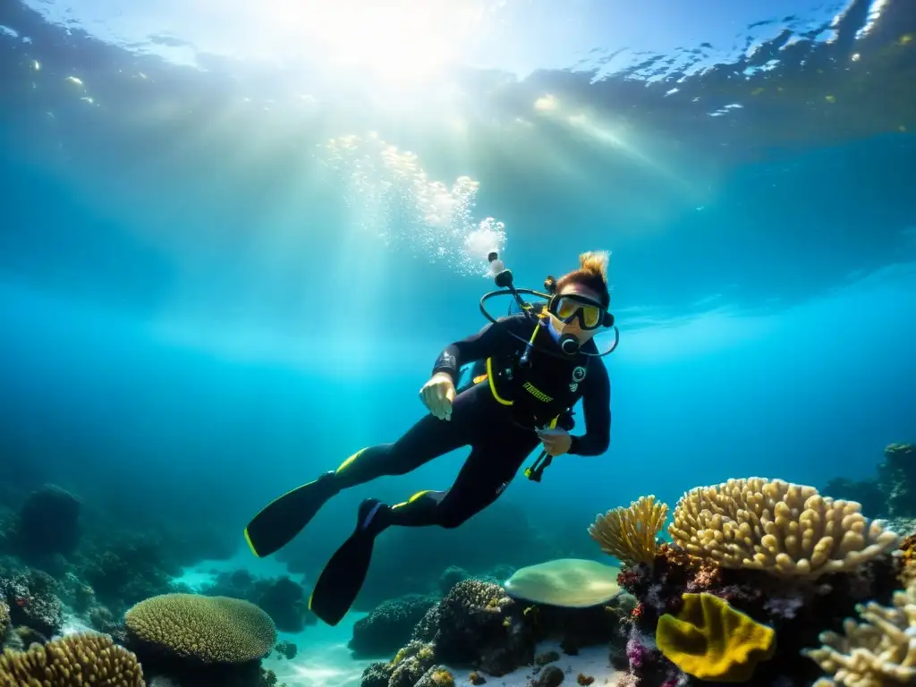 Compresor de buceo portátil en arrecife de coral, emitiendo burbujas con luz solar filtrada y vida marina vibrante