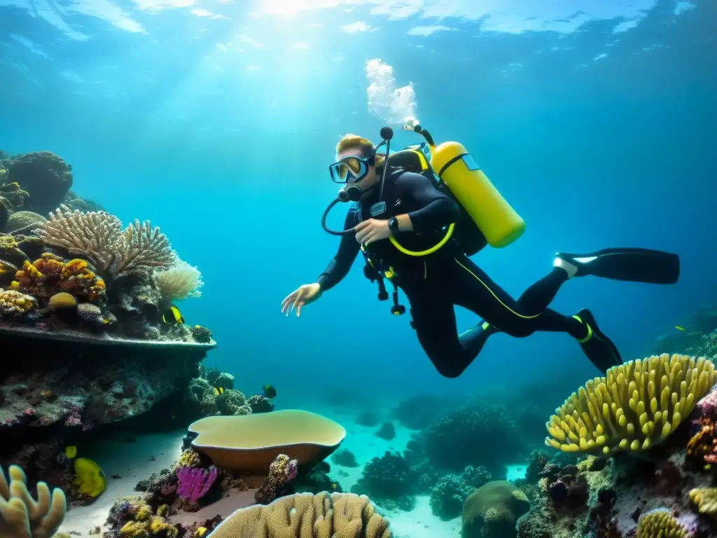 Compresor de buceo portátil: eficiencia y belleza submarina Un compresor de buceo portátil eficaz en acción, rodeado de coloridos arrecifes de coral y vida marina vibrante