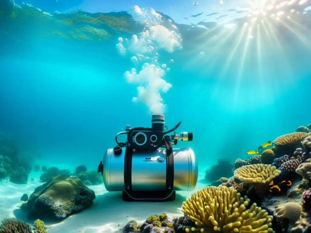 Compresor de buceo en aguas turquesas: escena submarina cautivadora Un compresor de buceo portátil eficaz suspendido en aguas turquesas cristalinas, rodeado de vida marina colorida y coral vibrante, bajo la luz del sol