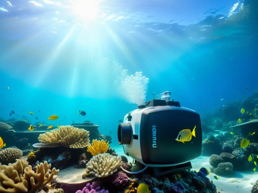 Un compresor de buceo portátil rodeado de peces tropicales, iluminado por el sol en el fondo marino