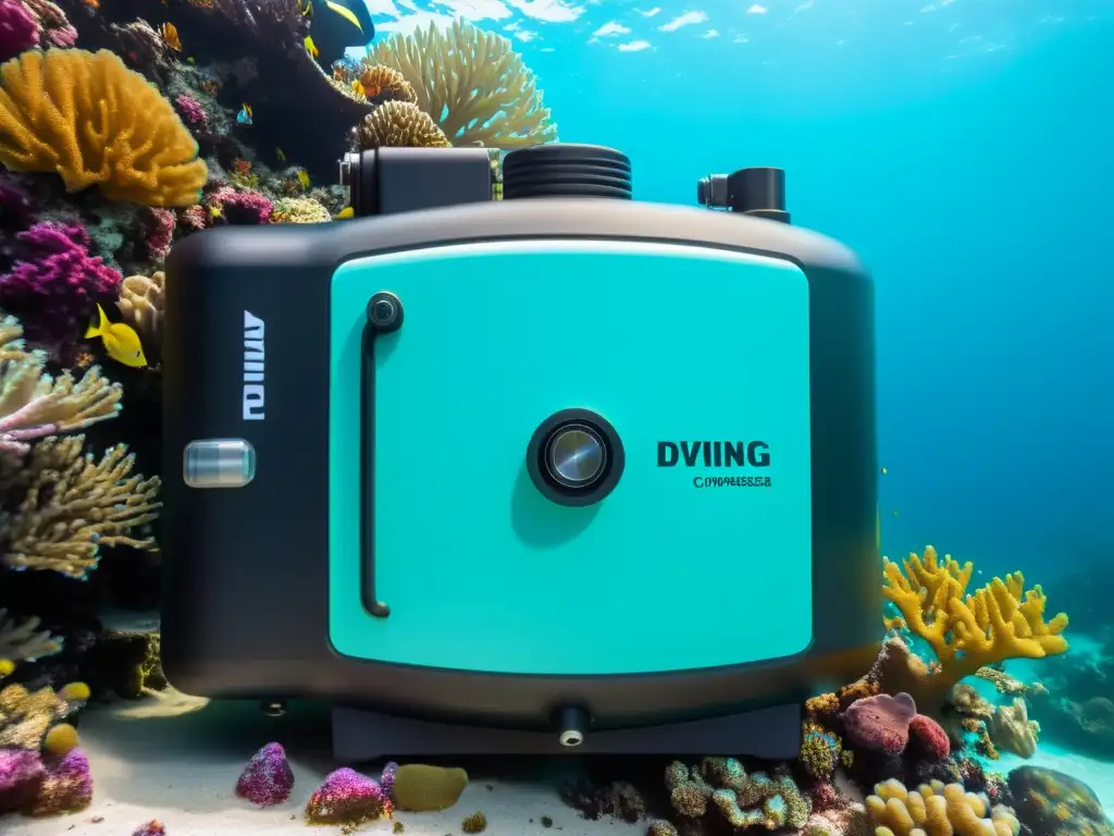 Compresor de buceo portátil entre arrecifes de coral Compresores de buceo portátiles eficaces: Un compresor de buceo rodeado de coral y vida marina, en aguas cristalinas