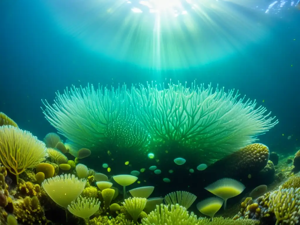 Una comunidad vibrante de plancton submarino, con detalles de diatomeas, dinoflagelados y copépodos iluminados por la luz del sol