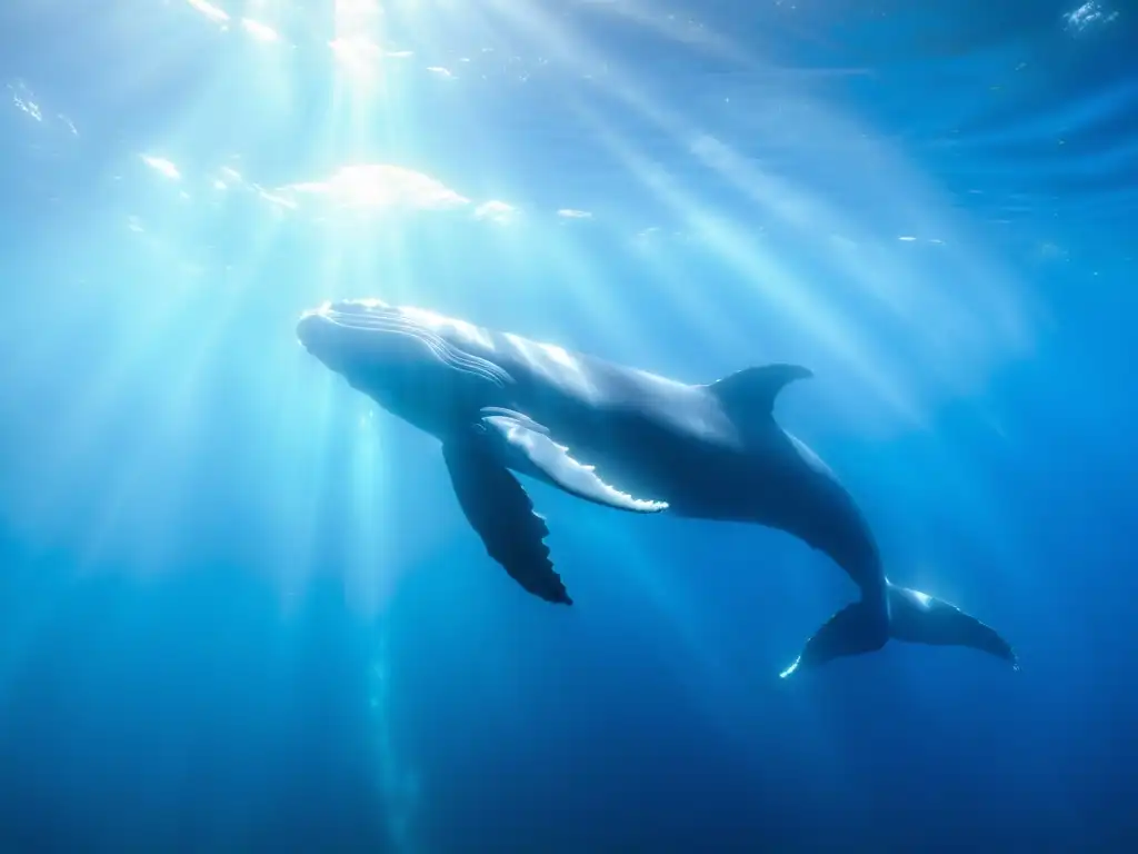 Conducta de crianza ballenas y delfines: Madre ballena guía con ternura a su cría bajo el resplandor del sol en el océano azul