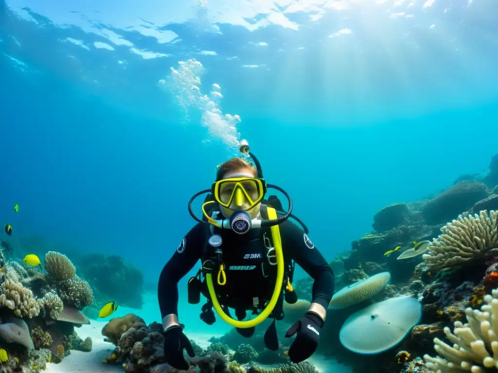 Configuración modular equipos buceo: Equipo de buceo meticulosamente dispuesto en el fondo marino, con colores vibrantes y detalles intrincados