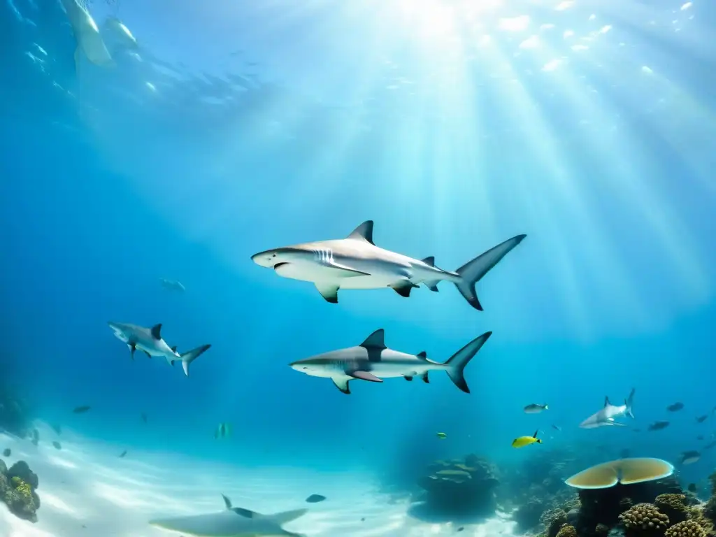 Conjunto de tiburones poderosos y elegantes en aguas cristalinas, contribución al conocimiento de tiburones en su ecosistema vibrante