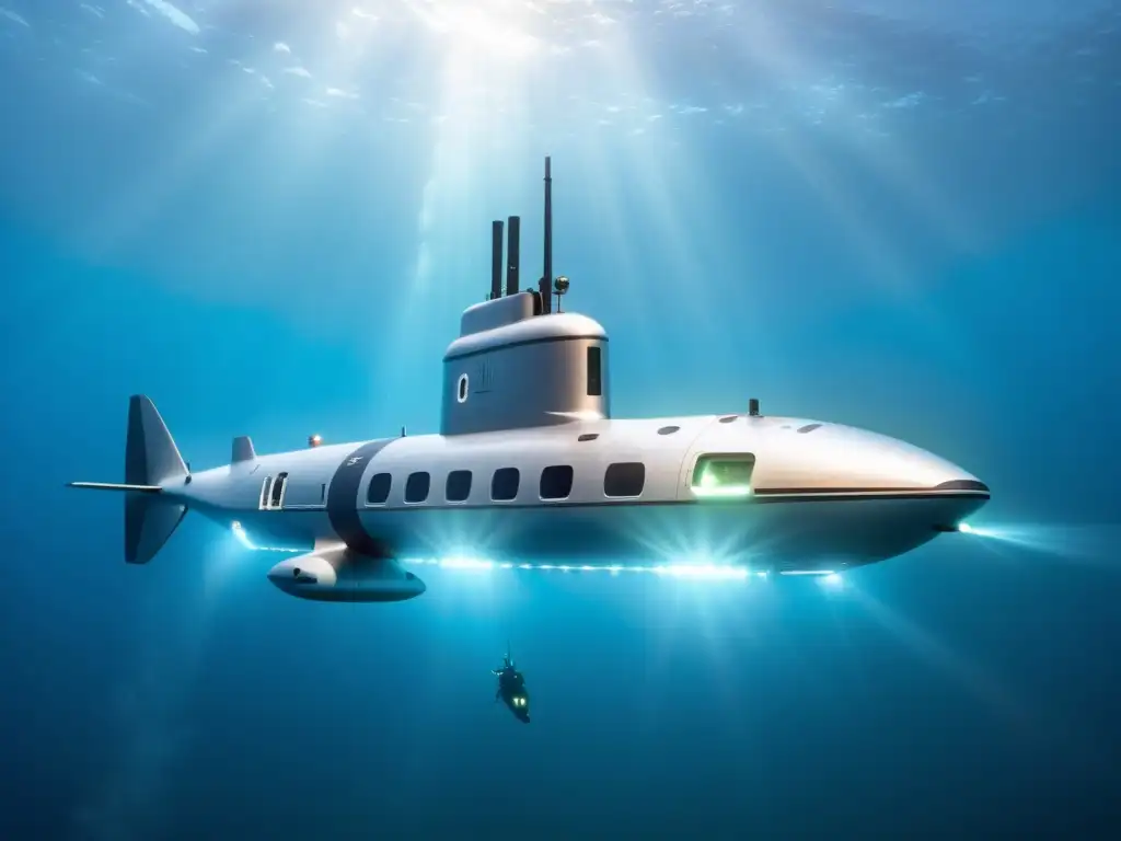 Construcción submarinos explorar profundidades marinas: Submarino futurista desciende a aguas cristalinas, revelando vida marina misteriosa y etérea