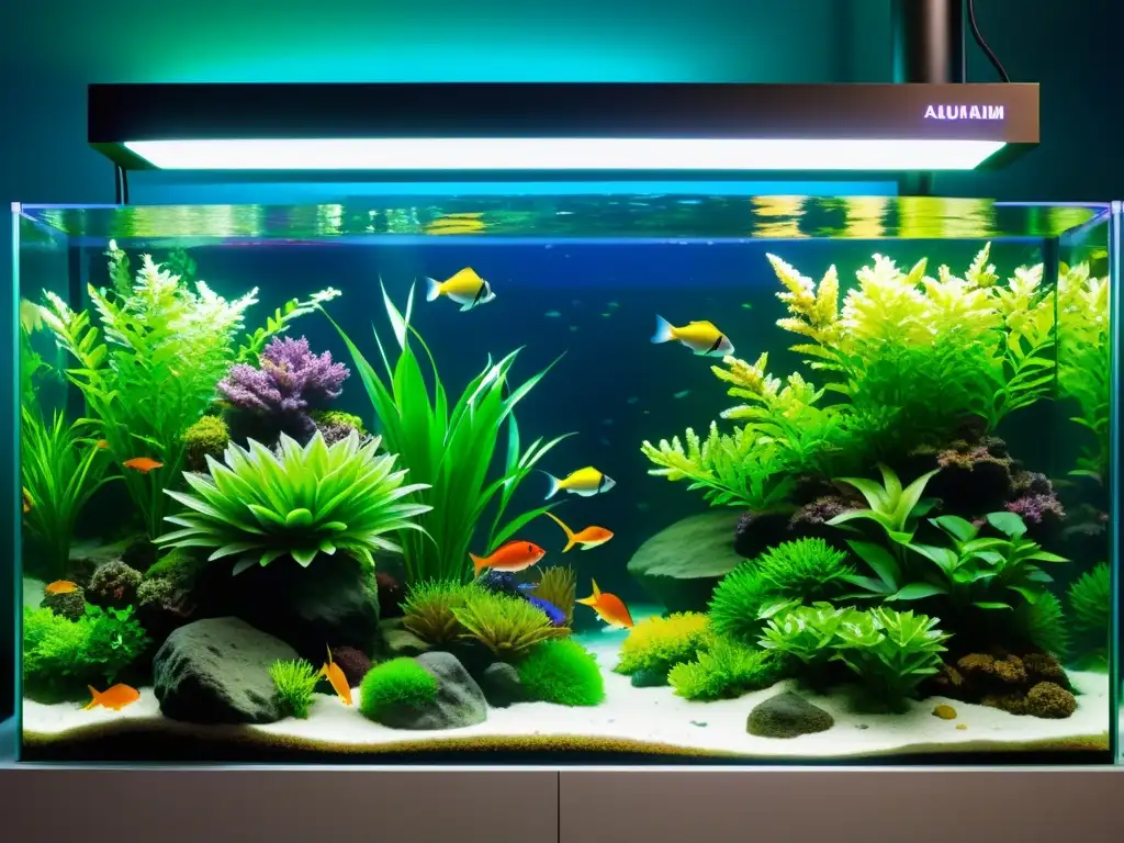 Controlador de acuario de alta tecnología y ecosistema submarino vibrante Controladores de acuario para automatizar en un entorno acuático futurista con tecnología LED y sensores, rodeado de vida submarina vibrante