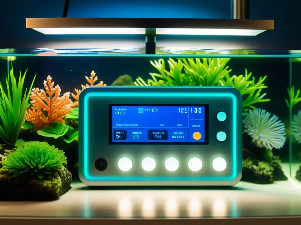 Controlador de acuario de alta tecnología en paisaje submarino vibrante Controladores de acuario para automatizar instalados en un acuario moderno y vibrante, con flora y fauna saludable