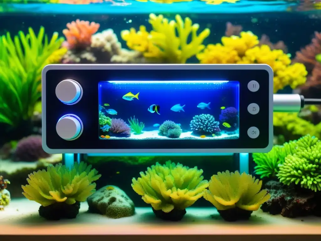 Control de acuario integrado en arrecife vibrante Controladores de acuario para automatizar integrados con arrecife de coral, peces y plantas marinas, mostrando datos en tiempo real