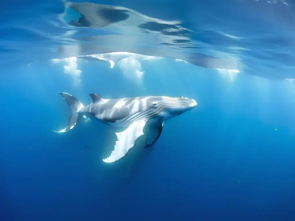 Convivencia armoniosa de cetáceos con especies marinas en un tranquilo escenario submarino iluminado por el cálido sol