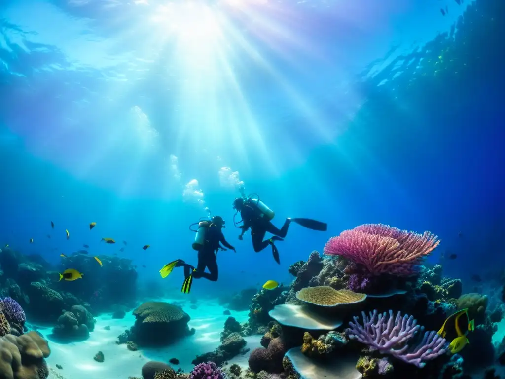 Exploración romántica de coral con equipos de buceo en pareja