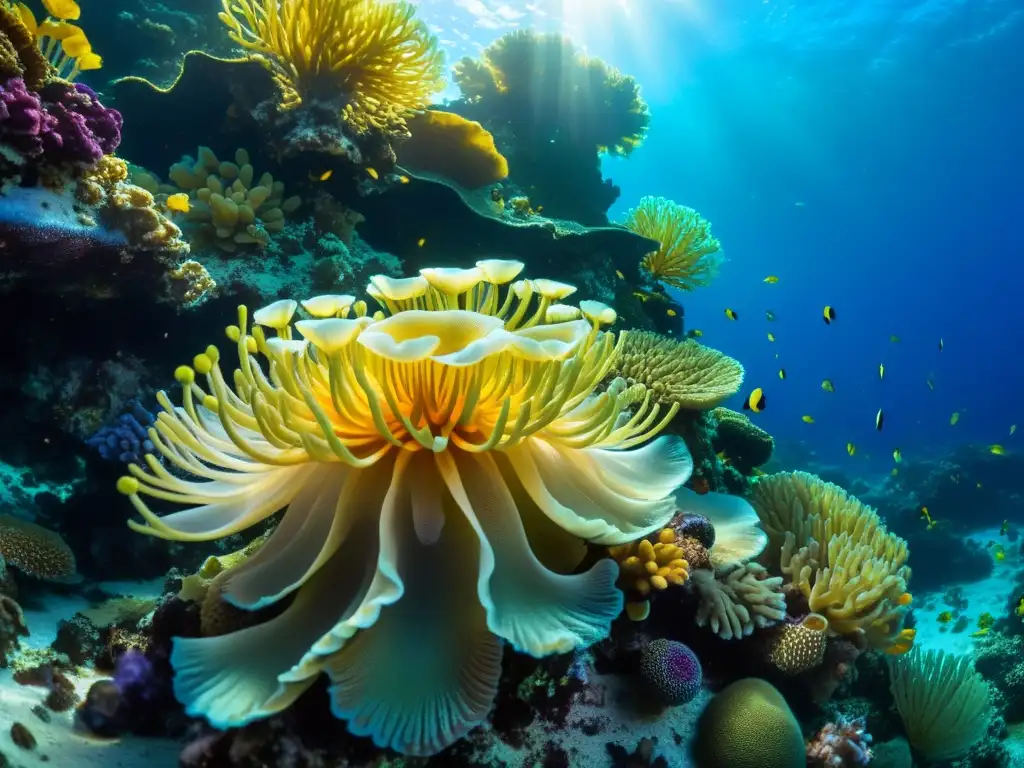 Guía de identificación de corales marinos: Una vibrante imagen de un arrecife de coral repleto de vida y color, iluminado por la luz del sol