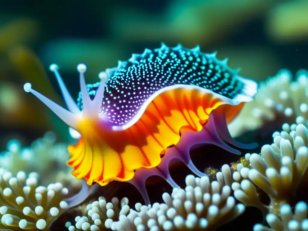 Fotografía de criaturas marinas pequeñas: Nudibranquio vibrante entre anémonas iridiscentes en aguas cristalinas y soleadas