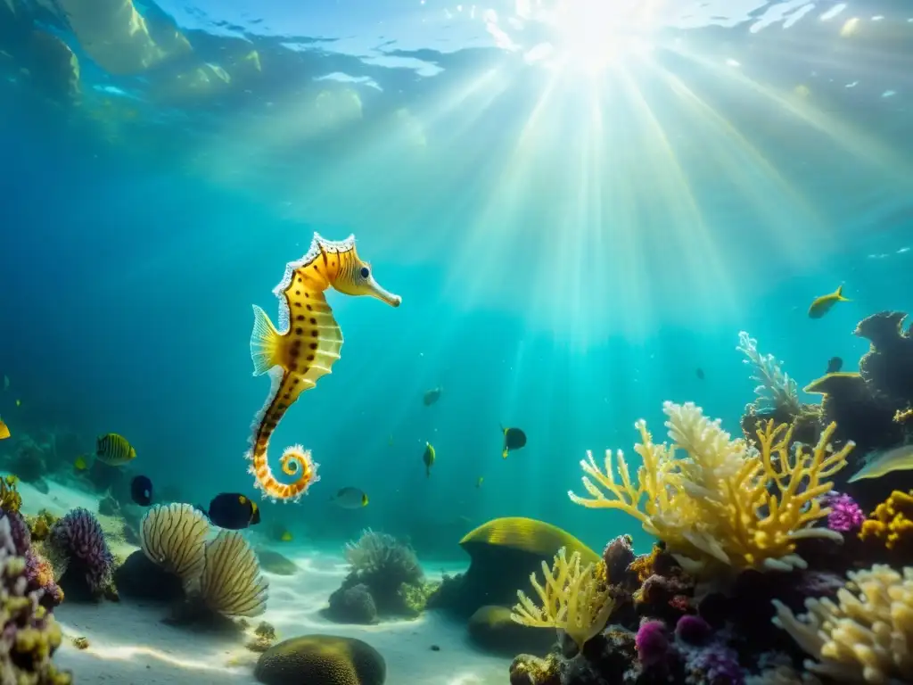 Una fotografía de criaturas marinas pequeñas en un vibrante y etéreo escenario submarino, con una variedad de colores y vida marina detallada