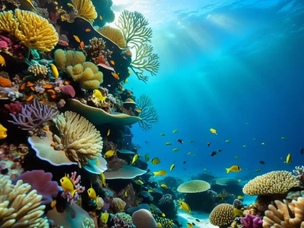 Fotografía de criaturas marinas pequeñas en un vibrante arrecife de coral lleno de vida y color