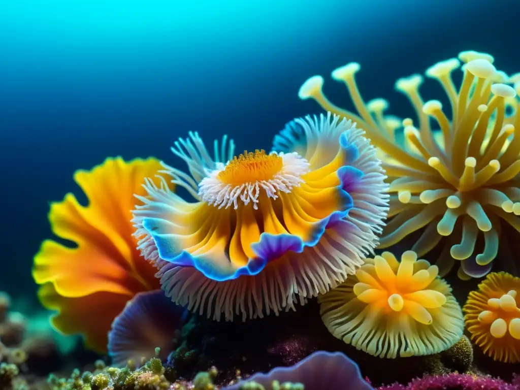 Una fotografía de criaturas marinas pequeñas en un vibrante e impresionante ecosistema submarino, con nudibranquios coloridos, anémonas delicadas y medusas translúcidas