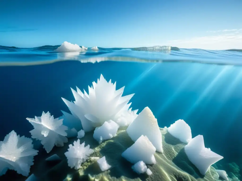 Formación de cristales de sal marina bajo el agua, iluminados por la luz solar