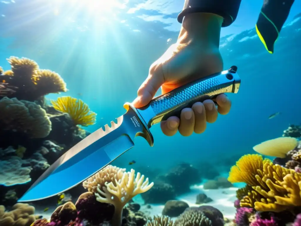 Un cuchillo de buceo de acero inoxidable brilla en la pierna de un buzo, rodeado de un arrecife de coral vibrante y peces coloridos