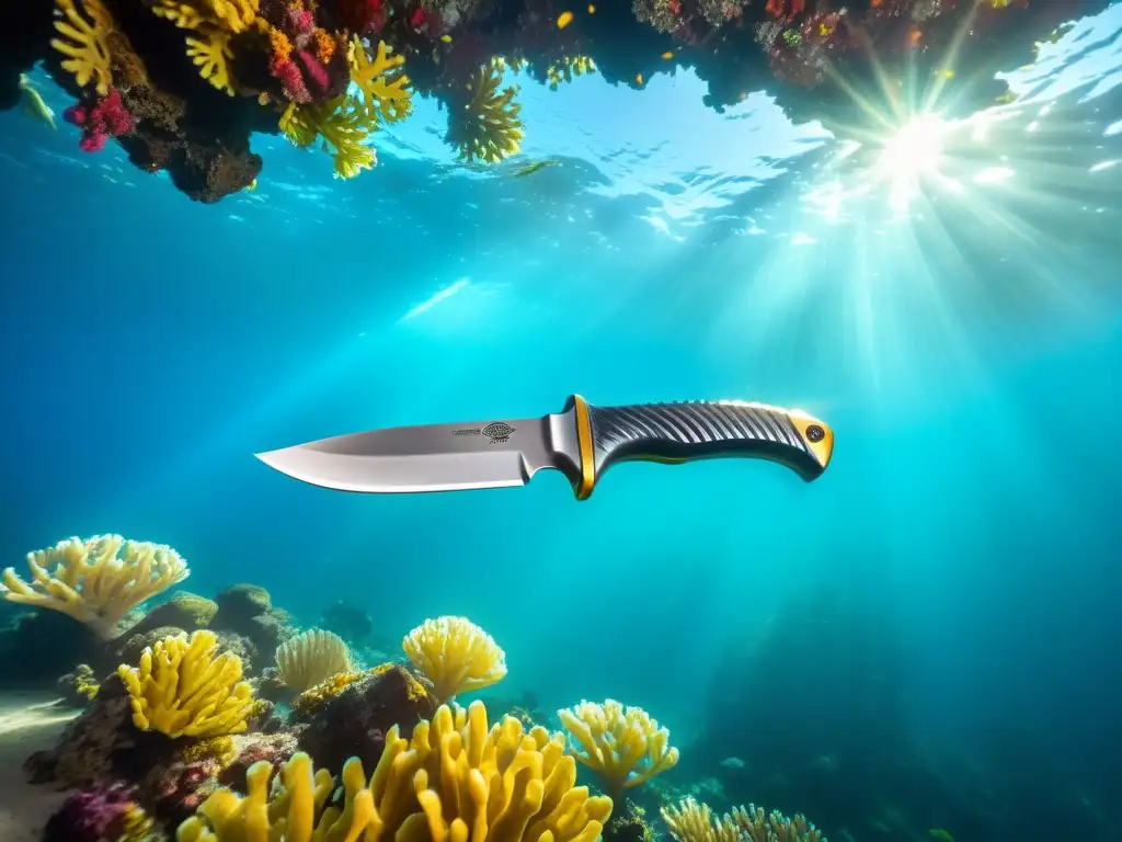 Un cuchillo de buceo confiable en acero inoxidable, descansando en un fondo de coral vibrante y aguas cristalinas con peces tropicales