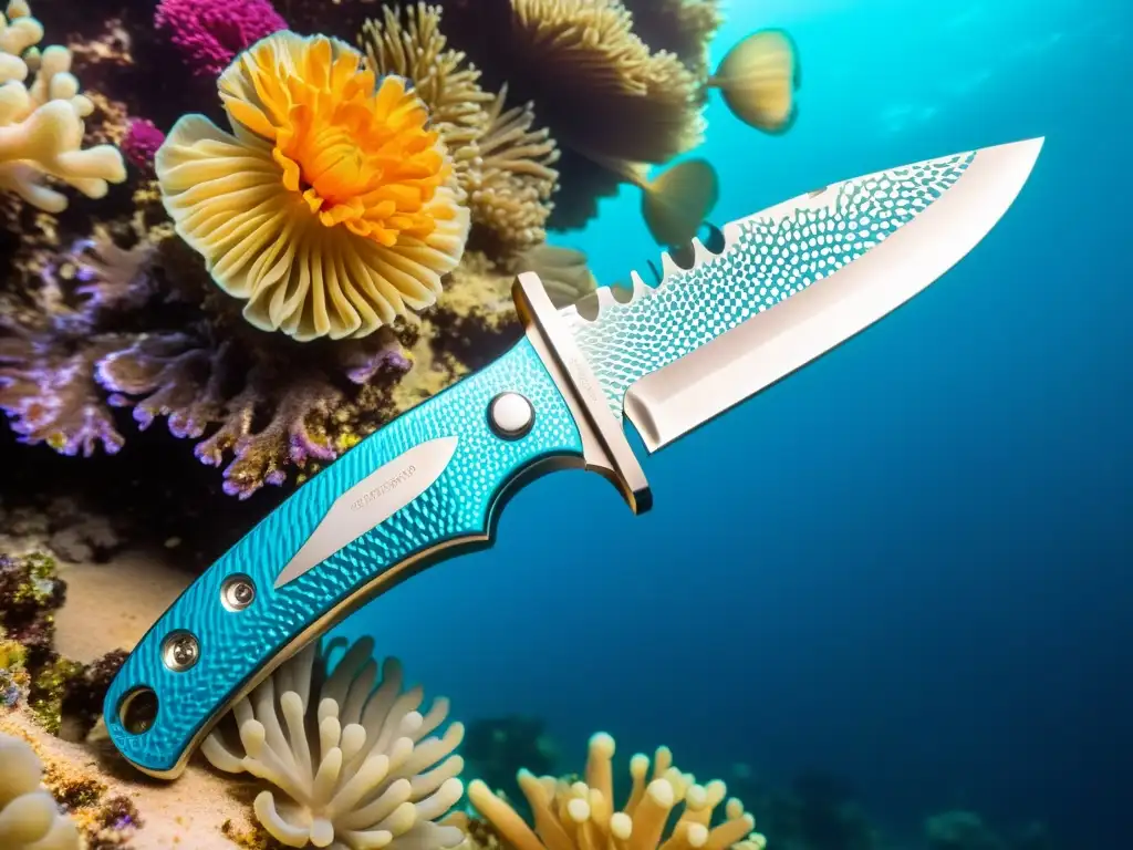 Un cuchillo de buceo confiable y elegante se destaca en un vibrante paisaje submarino, reflejando la luz del sol en su hoja brillante