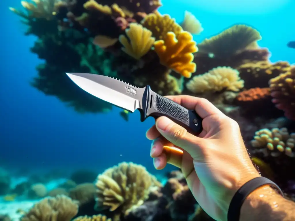 Un cuchillo de buceo confiable en su funda, listo para emergencias, en un vibrante mundo submarino