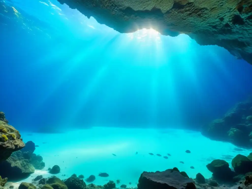 Una cueva submarina con aguas turquesa cristalinas y especies de peces