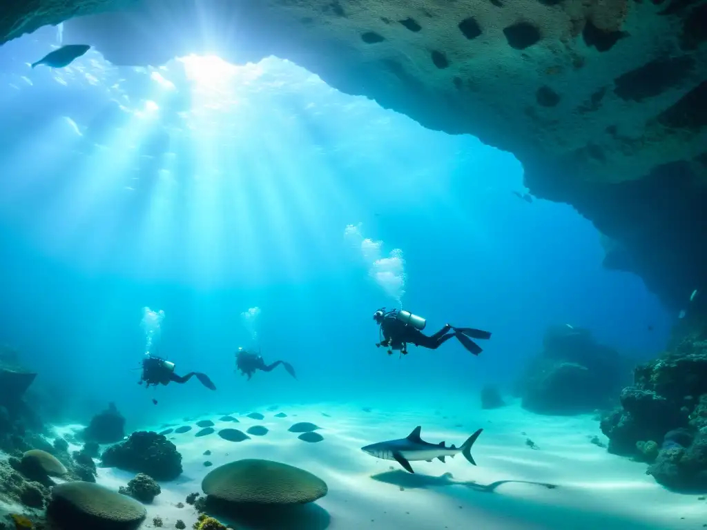 Expedición a la Cueva de los Tiburones Dormidos: Buceadores explorando cueva submarina con tiburones plateados y colorida vida marina