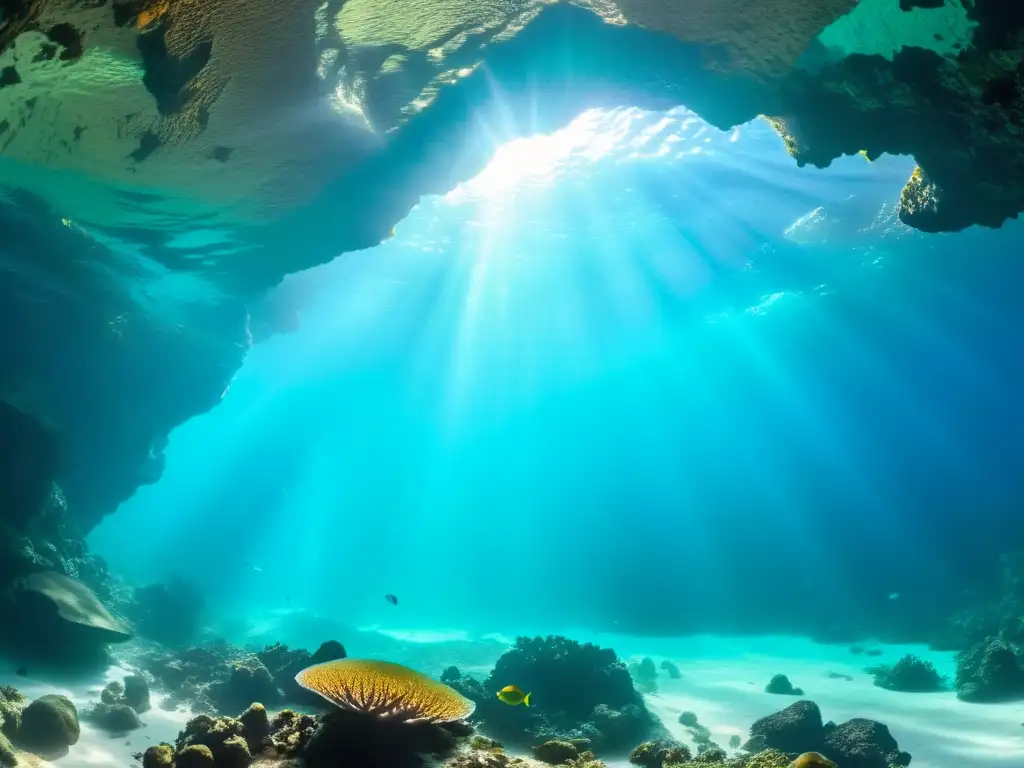 Expedición a la Cueva de los Tiburones Dormidos: Entrada de cueva submarina iluminada por rayos de sol y rodeada de vida marina colorida