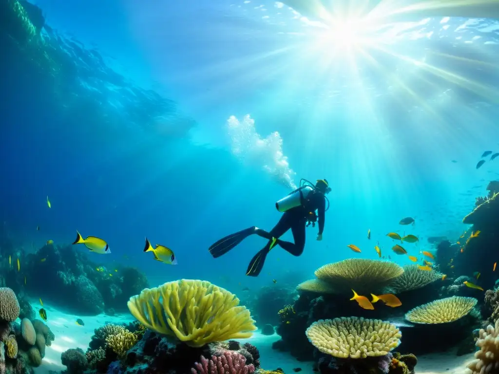 Cursos de buceo en vida marina: Un arrecife de coral vibrante, repleto de peces coloridos y plantas marinas, bañado por la luz del sol bajo el agua