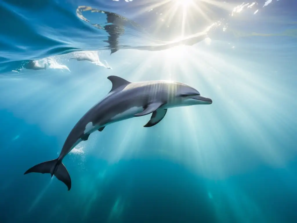 Pod de delfines surfeando elegantemente en aguas cristalinas, demostrando la adaptación de animales marinos a corrientes