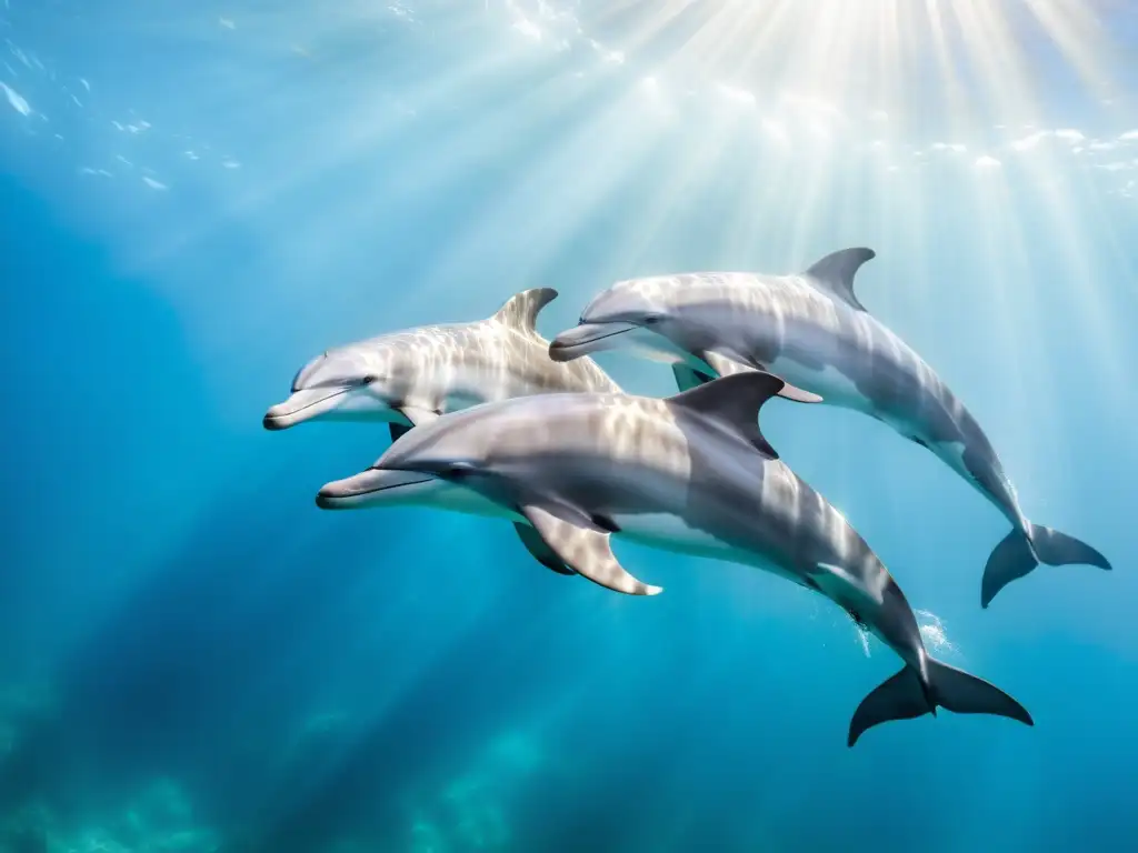 Pod de delfines oceánicos nadando en aguas cristalinas, mostrando la elegancia e inteligencia de estos majestuosos animales marinos